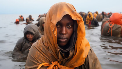 A woman navigating the migration crisis in the Mediterranean Sea, amidst challenges like human trafficking from Africa to Europe