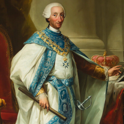 Mariano Salvador Maella; Carlos III con el hábito de su Orden, c. 1784 (detalle)