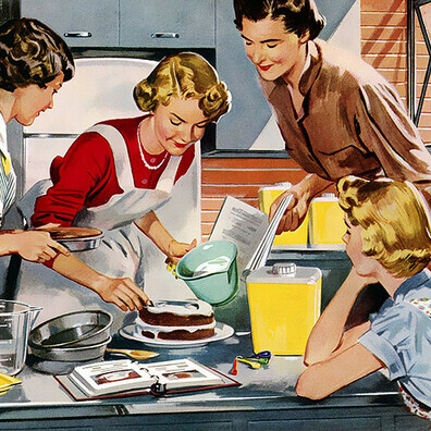A nostalgic scene of a 1950s housewife in a classic kitchen, showcasing the art of family cooking while balancing modern conveniences and traditional recipes.