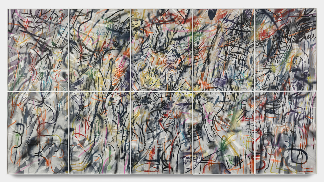 Julie Mehretu, This Manifestation of Historical Restlessness, 2022. 10-panel etching/aquatint from 50 plates, Each sheet: 46 3/4 x 34 5/8 inches, Each framed: 47 1/2 x 35 1/4 x 1 5/8 inches, Overall, framed: 95 x 176 1/4 x 1 5/8 inches. Courtesy of the artist and Berggruen Gallery