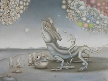 Encontré la cabeza del sapo, oil on wood, 12” x 16” unframed, 14.75” x 18.75” framed