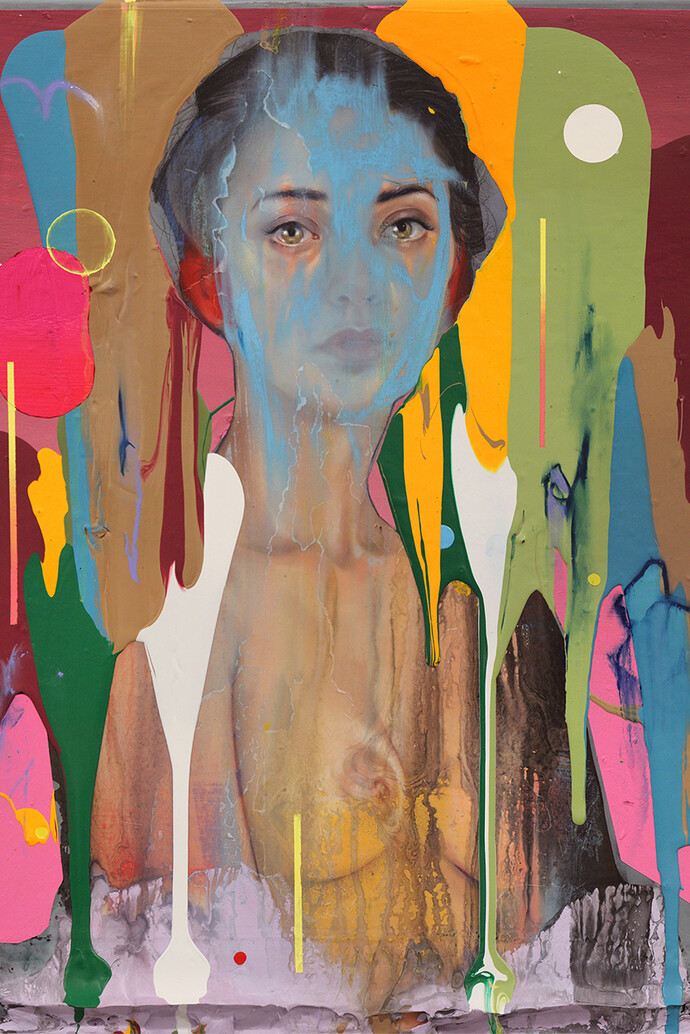 Erik Jones, A Colorful Malady, 41x51cm-16x20 inch. Watercolor, colored pencil, water-soluble wax pastel, acrylic on Rives bfk paper