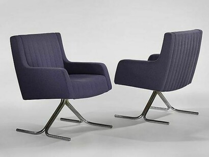 Joseph Andre Motte, Pair of Armchairs, 1967/1975, Foam fabric and tubular chromed metal base, 33.86 H x 24.02 x 23.62 inches, 86 H x 61 x 60 cm. Public commission for Mairie de Rouen
