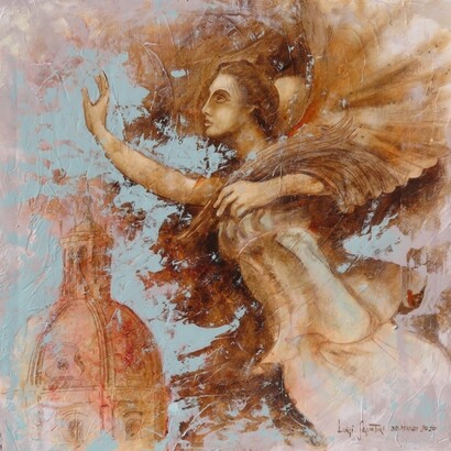 Luigi Salvatori, Siamo certi che tutto passerà! All’Angelo con le palme della Vittoria, acrilico su tela, cm 80x80, 2020