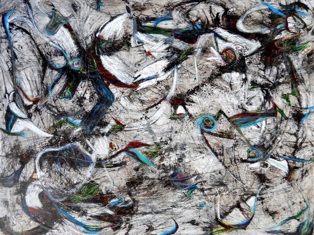 Virginia Knapp, Twirling Pheasants, Acrylic & Oil Pastel on Canvas, 30" x 40"