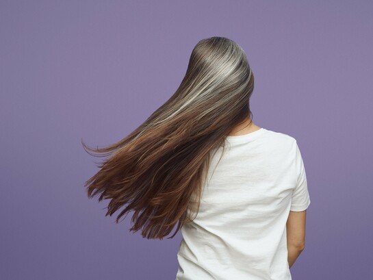 Long brunette hair accented by soft silver strands, reflecting the biological changes that influence hair pigmentation