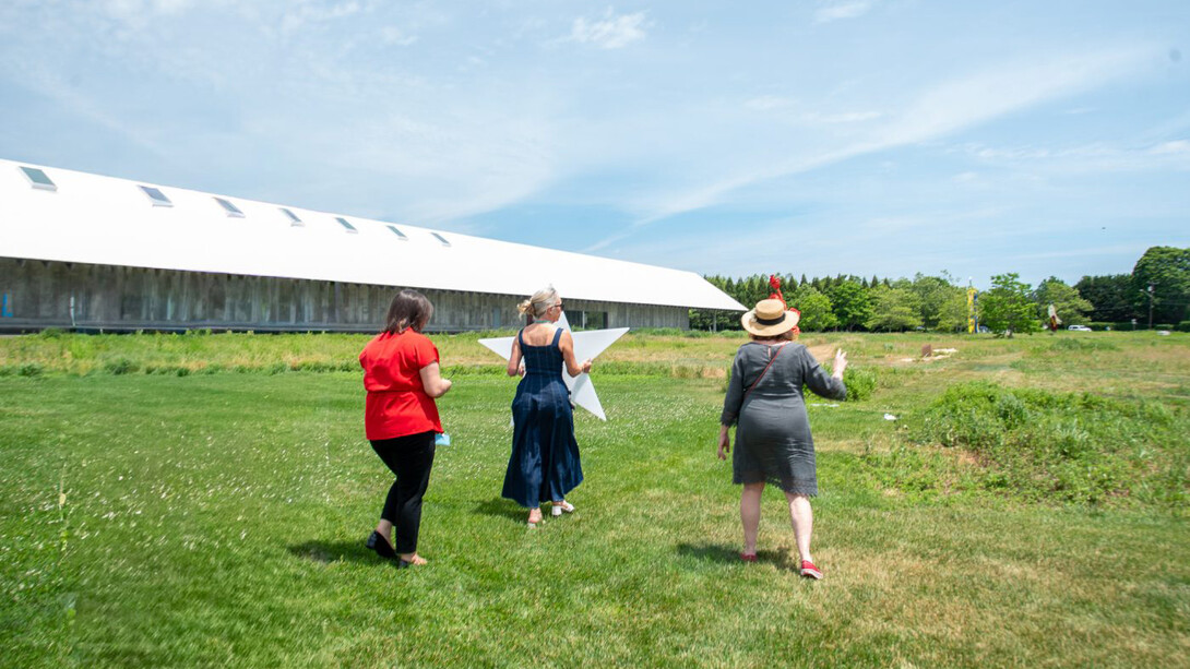 Guests participating in the installation of Wishing the mountains madness 1977 / 2026 during Community Day at the Parrish Art Museum. Courtesy of Parrish Art Museum