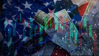 A stock market chart displayed over the American flag, symbolizing the intersection of financial trends and national economy