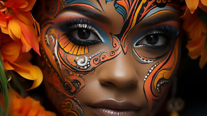 African beautiful young woman looks at the camera gracefully with colors on her face