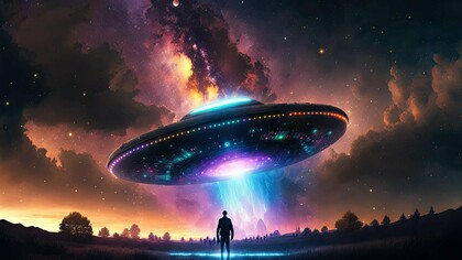 Ilustração retrata um objeto voador não identificado emitindo luz, em uma paisagem iluminada sob um céu repleto de estrelas, sobre uma figura humana ou extra-terreste com aparência que se assemelha a de um ser humano. Entre hipóteses militares, fenômenos naturais e especulações extraterrestres, o mistério continua alimentando o imaginário coletivo. Os documentos divulgados pelos Estados Unidos reacenderam o debate sobre fenômenos aéreos que permanecem sem explicação definitiva