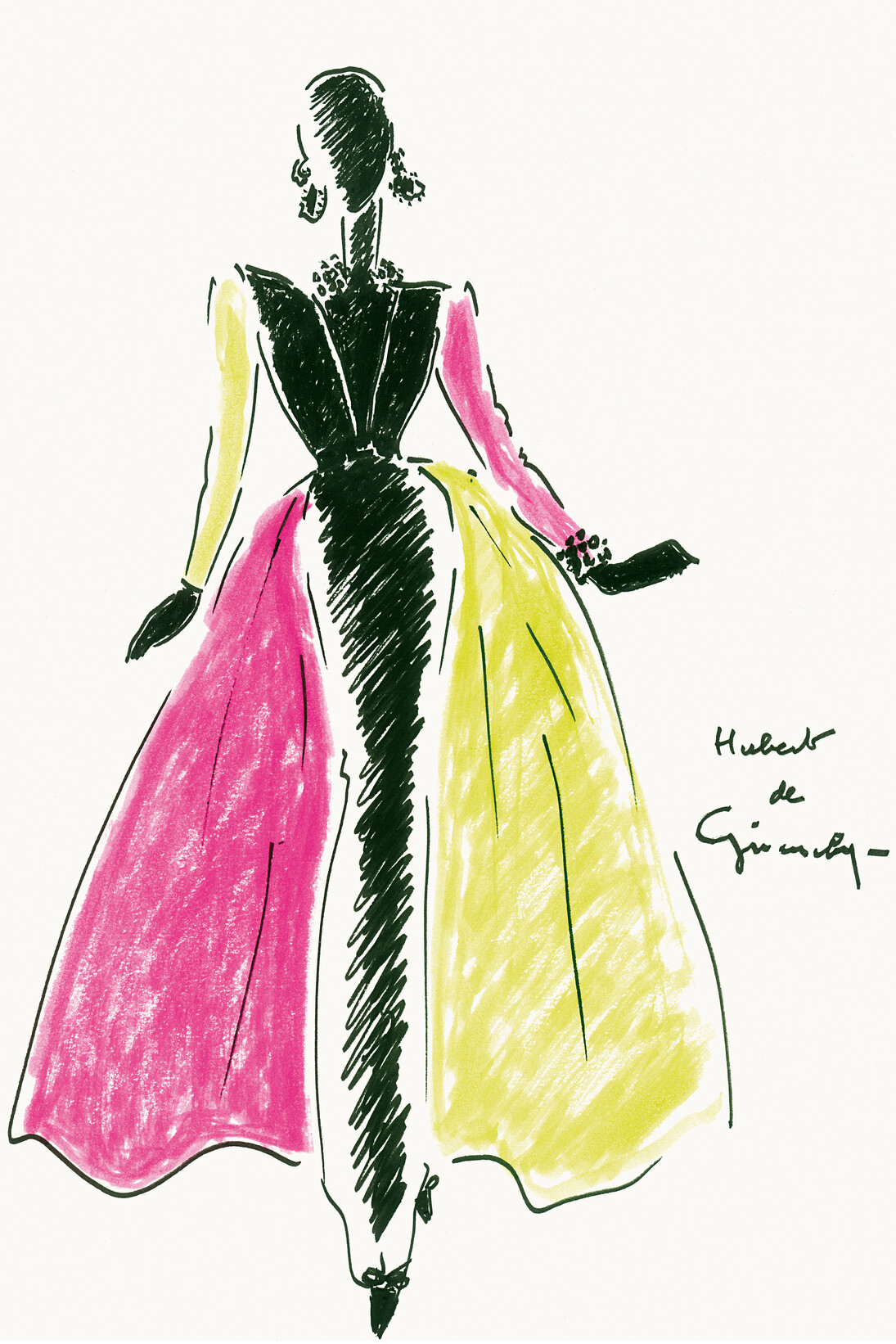 Figurín del vestido tubo de noche de terciopelo negro con gran cuello; la falda forma tablón en la espalda, con dos grandes conches de faya de color absenta y rosa chillón. Invierno 1992