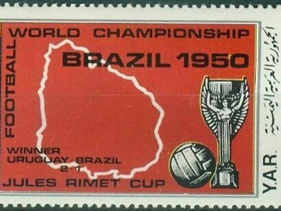 Yemen postage stamp issued in commemoration of the 1950 Soccer World Cup in Brazil, featuring an illustration of Rio de Janeiro and a tribute to Uruguay's victory