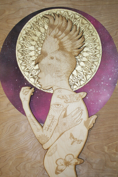 Rugman, Reverence II, Acrylic, spray paint, gold leaf and etchings on layered wood panels, 43.5x61cm