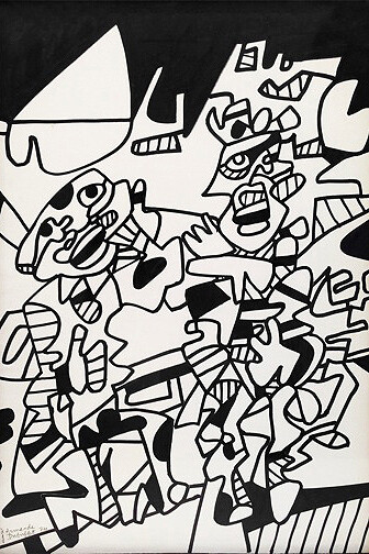 Jean Dubuffet, Scène tragique (Site avec deux personnages), 1974, Felt marker and collage on paper
17,9 x 12,2 in.