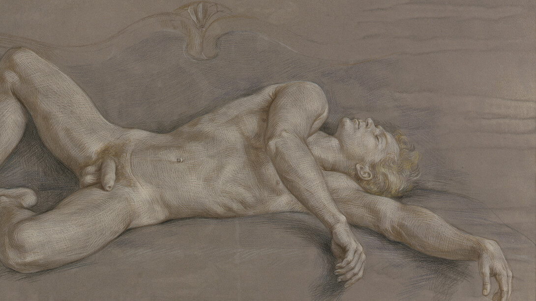 Paul Cadmus, Male Nude NMA, 1965.
Crayons, India ink, and casein on hand-toned paper,
15 x 25 inches. Courtesy of the artist and DC Moore Gallery