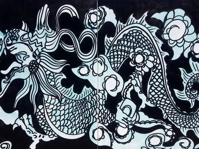 Pure Evil, Cosmic Dragon 2015, Spray and Ink on Canvas, 60” x 96”, Copyright Pure Evil
