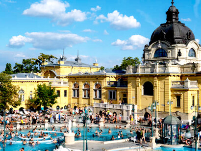 The courtyard of Szechenyi Baths, a famous Hungarian thermal bath complex, alongside the historical Turkish Bath (Pécsi Fürdő), showcases Hungary’s rich heritage of Ottoman-era hammams, Pecs, Hungary
