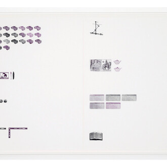 Daniel Lefcourt, Query, 2015, Laser etched rubber stamps on paper, Two parts; 127 x 96.5 cm / 50 x 38 inches (paper size each), 133.4 x 200.7 cm / 52.5 x 79 inches each (framed)