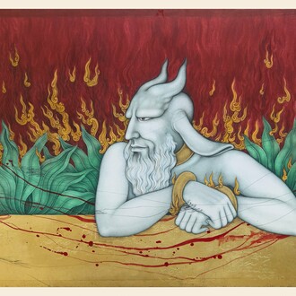 Khadim Ali, Birth of Demons 3, 2024, Gouache and gold leaf on handmade paper, 22 x 28 in (55 x 71 cm). Image courtesy of the Artist and Aicon, New York