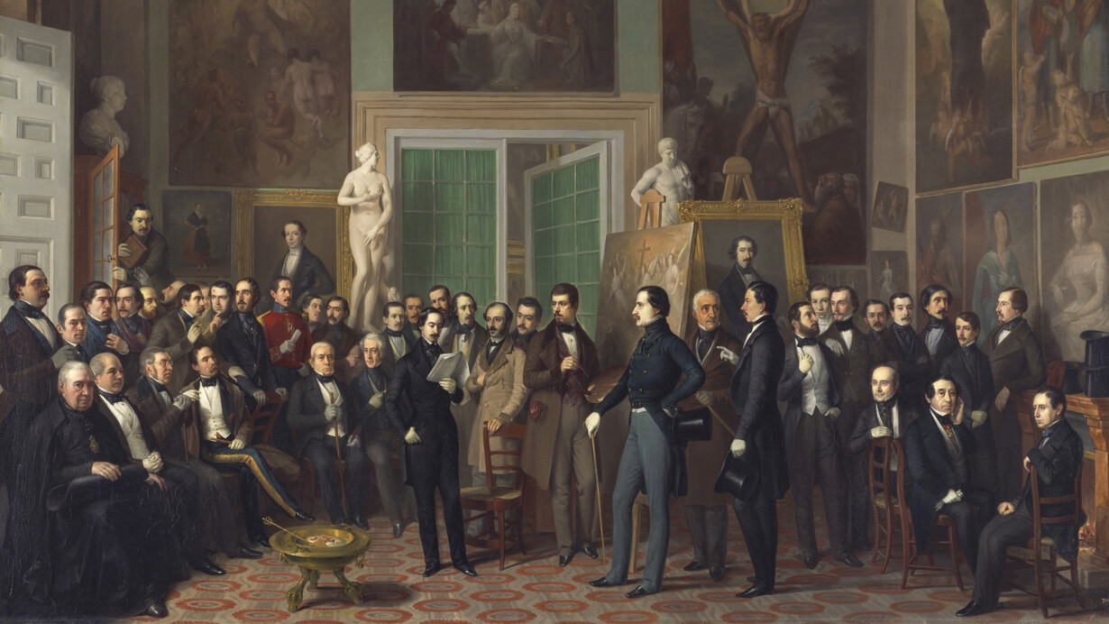 Antonio María Esquivel y Suárez de Urbina, Los poetas contemporáneos. Una lectura de Zorrilla en el estudio del pintor (detalle), 1846. Cortesía del Museo Nacional del Prado