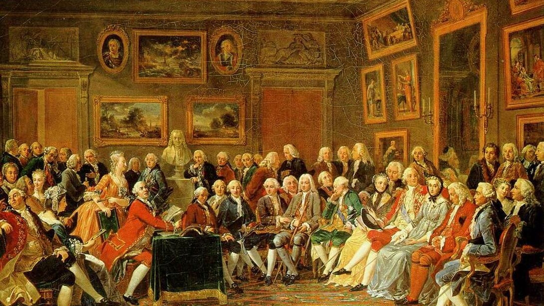 «Lectura de la tragedia 'El huérfano de la China' de Voltaire en el salón de madame Geoffrin», cuadro de Anicet Charles Gabriel Lemonnier en el que aparecen las principales figuras de la Ilustración francesa (Rousseau, Diderot, d'Alembert, Buffon o Quesnay, además del busto de Voltaire, quien, el año en que se ubica el evento, estaba en el exilio)