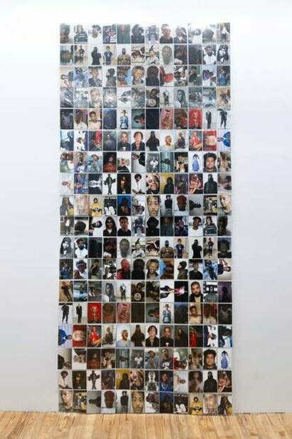 Allen-Golder Carpenter,
100 Rappers, 2024,
archival gloss photos, cellophane, tape,
112 x 48 in.
284.48 x 121.92 cm. Courtesy of the artist and No Gallery