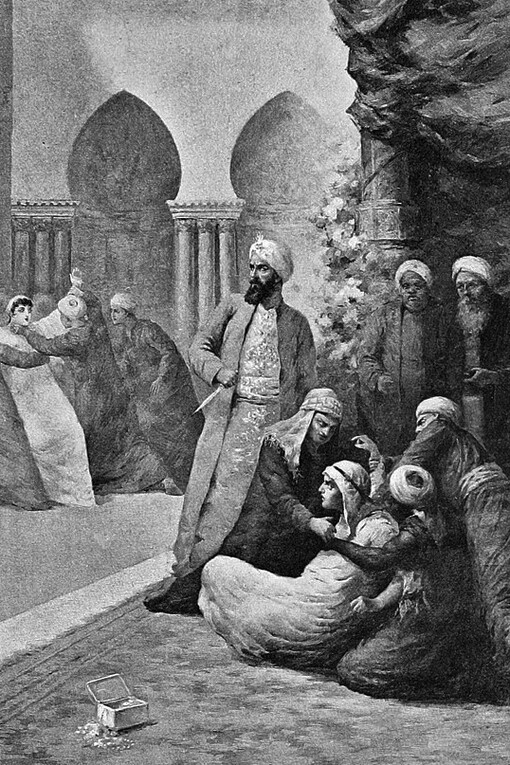 In the Arabian Nights retelling by Letchford, the tale of Taj al-Muluk and Princess Dunya unfolds as the king, filled with fury, grabs a dagger and prepares to strike Taj al-Muluk