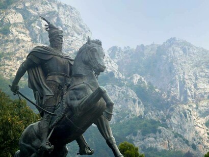 Stature amongst the hills of George Kastrioti Skanderbeg in Tirana, Albania