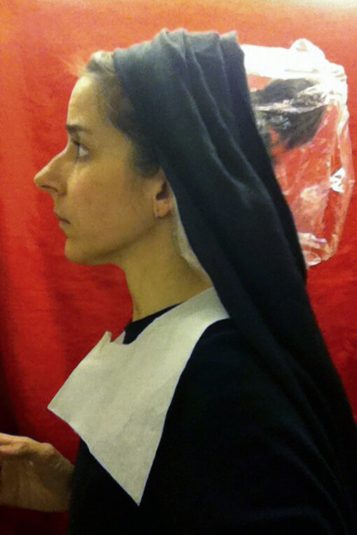 Nina Katchadourian, Lavatory Self-Portrait in Flemish Style #13, 2011 (“Seat Assignment” project, 2010-ongoing), C-Print, 10.5h x 8w in. Courtesy of the artist, Catharine Clark Gallery, and Fridman Gallery.