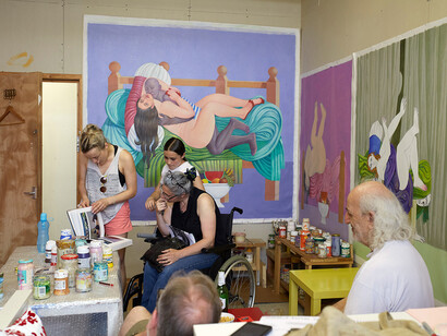 ASC Bow Open Studios 2017, artist Faisel Laibi Sahi on left with guests, credit photographer (c) Dionysis Livanis -
 www.artcantchangetheworld.com