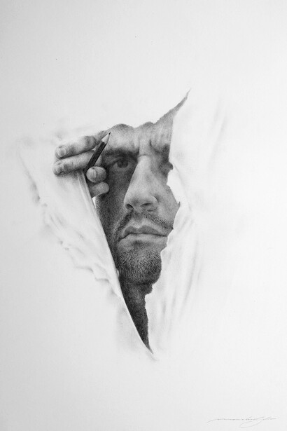Massimiliano Galliani, Attraverso #11 (autoritratto), 2018, matita su carta Fabriano,  cm 60x42