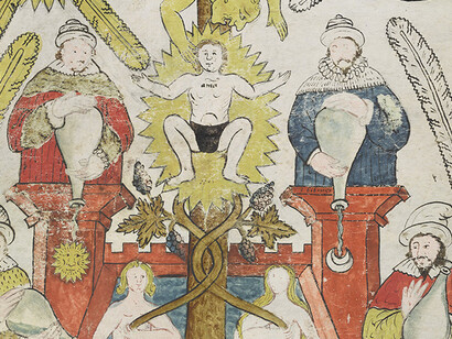 Leonard Smethley después de George Ripley
El mercurio filosófico en el árbol de la vida produce un niño, que es producto de la boda química del Sol (izquierda) y la Luna (derecha), 1624