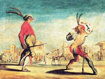 Commedia dell’Arte fight scene that has, as expected, a comedic flair as one person with a sword is being taunted by someone who is showing his derriere 