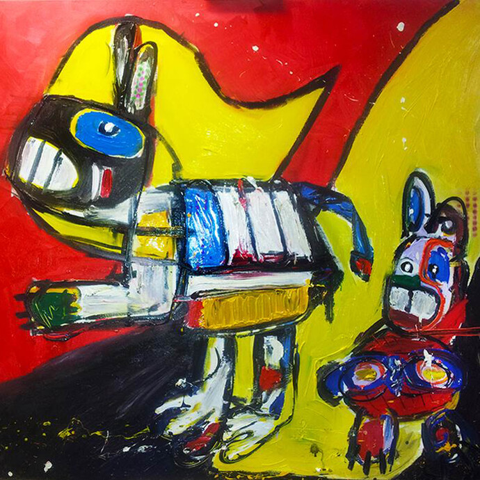 Hein van Houten, Crystall Cat Meets the Rabbit Hole (detail), Acrylic & Spray paint on Canvas, 39.5" x 47"