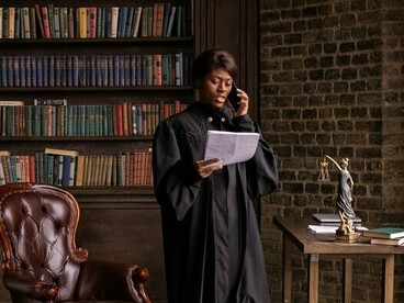A judge carefully reviewing legal documents, symbolizing the careful balance between legal responsibility and institutional practice
