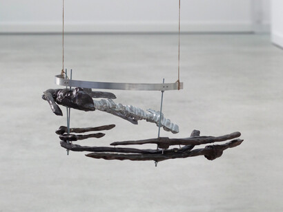 Bryce Kroll, Not yet titled (detail), 2022. PET-G, polyester batting, nylon rope, polyester, PVC, oil soluble colorants, aluminum, polyurethane foam, shoelaces, butyl adhesive. 15 x 15 x 64 inches.Courtesy of Lubov