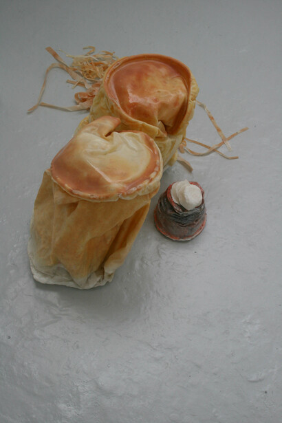 Evelyn O'Connor, Awkward,ketchup, sugar, pva glue, compost, acrylic paint, 2015. Installation at Royal Academy Schools Degree Show, 2015