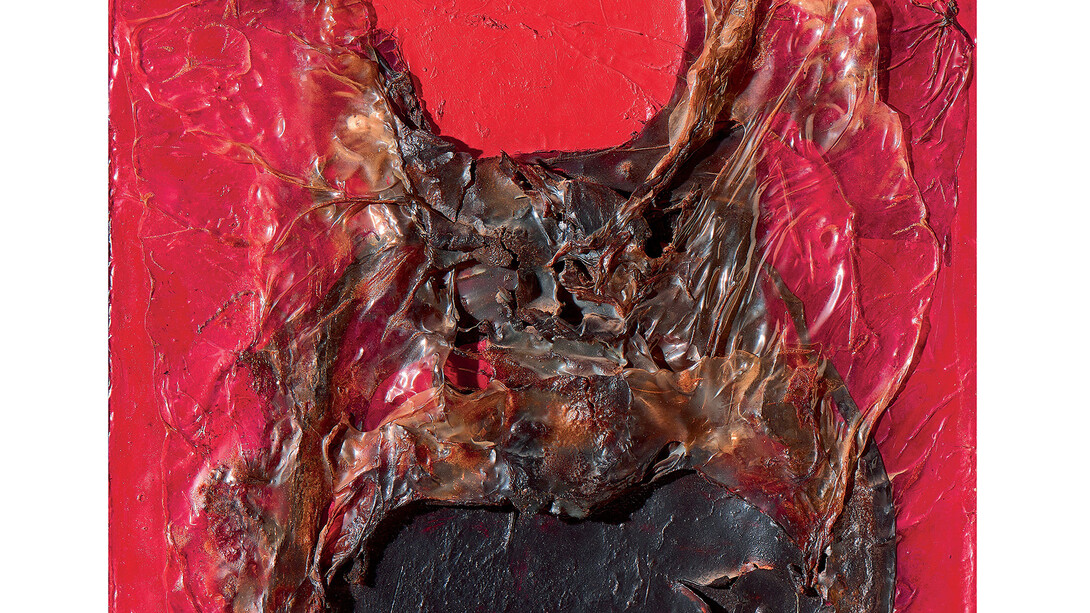 Alberto Burri, Nero Rosso Combustione, 1964, plastic, acrylic, wood, vinavil and combustion on cellotex, 28 x 29,5 cm, Courtesy Fondazione Burri and Mazzoleni London