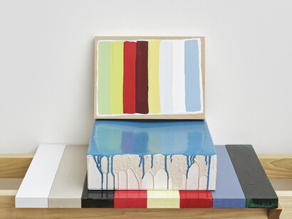 Pam Lins, 2015, MDF shelves with GTO colors, USPS, Flat Rate box, aqua resin, acrylic paint
and painting