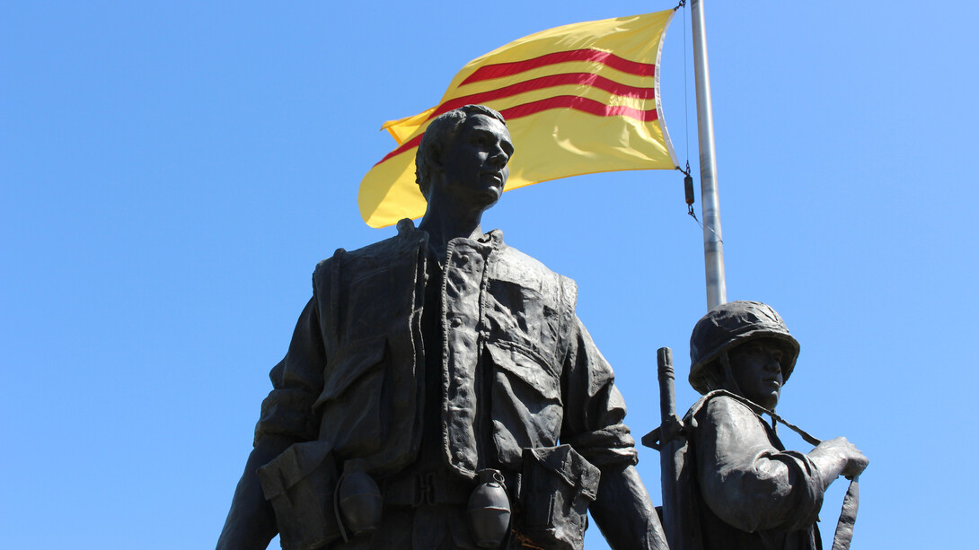 The Vietnam War Monument in Westminster’s Sid Goldstein Freedom Park is a memorial honoring the soldiers who fought and died in the Vietnam War. The yellow flag with three red stripes is a symbol of a lost homeland and resistance