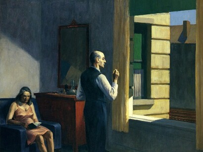Hotel by a Railroad is a 1952 painting by Edward Hopper that captures a quiet moment of emotional distance and isolation inside a hotel room beside a railroad