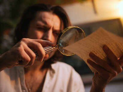 A man carefully examines a document with a magnifying glass at a vintage wooden desk, illuminated by warm ambient light, symbolizing curiosity, research, and attention to detail