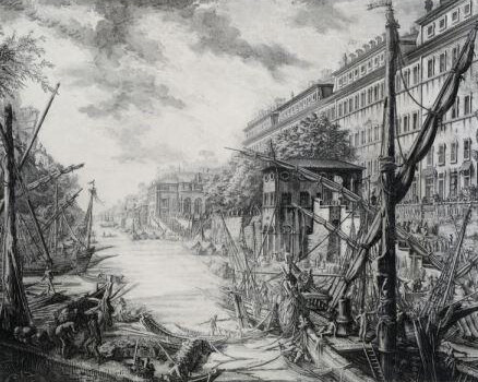 Giovanni Battista Piranesi, Veduta del Porto di Ripa Grande e del Tevere con le imbarcazioni, 1753-1758, acquaforte, Museo di Roma