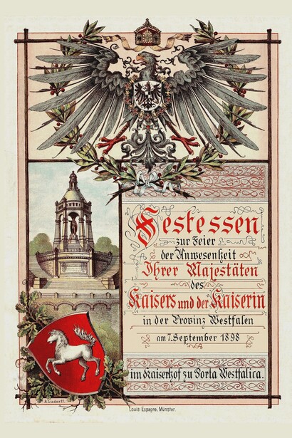Menu (fronte) del banchetto per celebrare la presenza del Kaiser Guglielmo II e dell'imperatrice Auguste Viktoria il 7 settembre 1898 all'Hotel Kaiserhof, Porta Westfalica