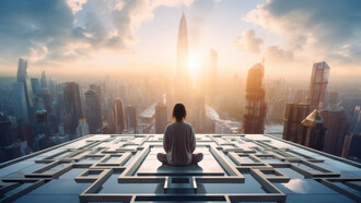 A woman seated in stillness overlooking a radiant skyline, symbolizing the expansion of consciousness