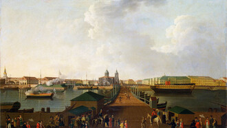 Benjamin Patersen (1749–1815) «Vista de San Petersburgo el día de la celebración del centenario»
circa 1803, óleo sobre lienzo. Museo del Hermitage, San Pietroburgo, Rusia