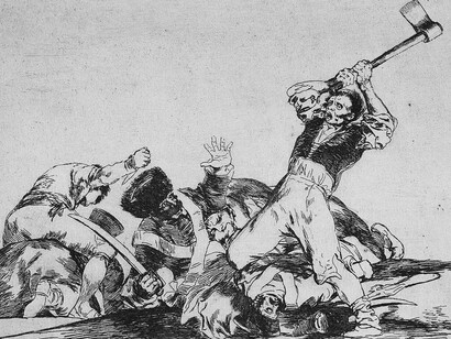 Lo mismo (The Same). A Spanish civilian prepares to decapitate a French soldier with an axe, Francisco Goya. Museo del Prado