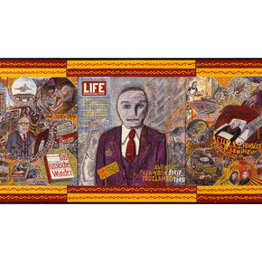 Willem van Genk, Untitled (New York Proclamed . . . N. Petrov), The Hague, Netherlands, c. 1973, Mixed media on assembled millboards, Unframed: 25 ½ x 63 1/8 inches (65 x 160,5 cm), Framed: 26 ½ x 64 ¼ x 1 inches (67,7 x 163,5 x 2,5 cm). Collection Foundation Willem van Genk, Museum Dr. Guislain, Ghent, 210302100. Photo: Guido Suykens, Ghent