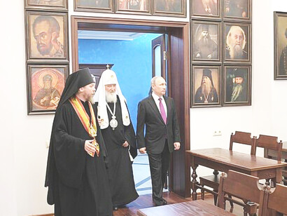 Visit to the Moscow Sretensky Monastery with Patriarch Kirill of Moscow and All Rus' (center) and Bishop Tikhon of Yegoryevsky Monastery, 2017, Moscow, Russia