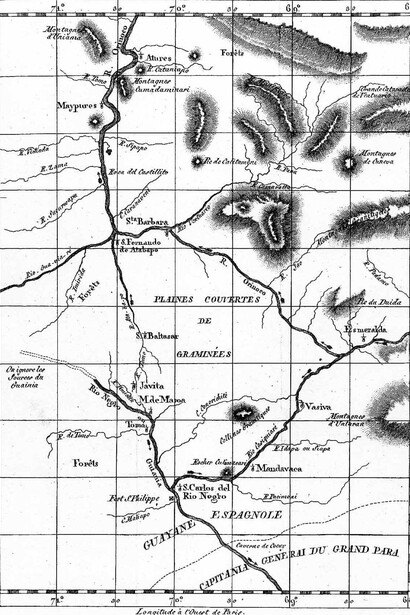 Esta imagen de la obra de Humboldt "Viaje a las Regiones Equinocciales del Nuevo Continente" nos muestra la conexión entre el Rio Orinoco y el Rio Negro gracias al Rio Casiquiare